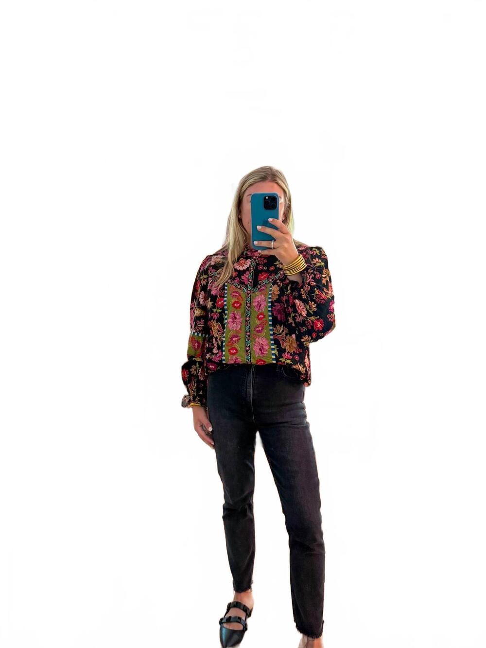NEW &MERCI women's floral border print top in black